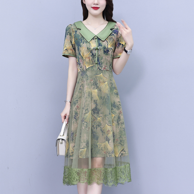 MY2678# 大码女装夏季胖mm新中式国风印花网沙拼接显瘦洋气法式连衣裙女裝貨源服裝批發