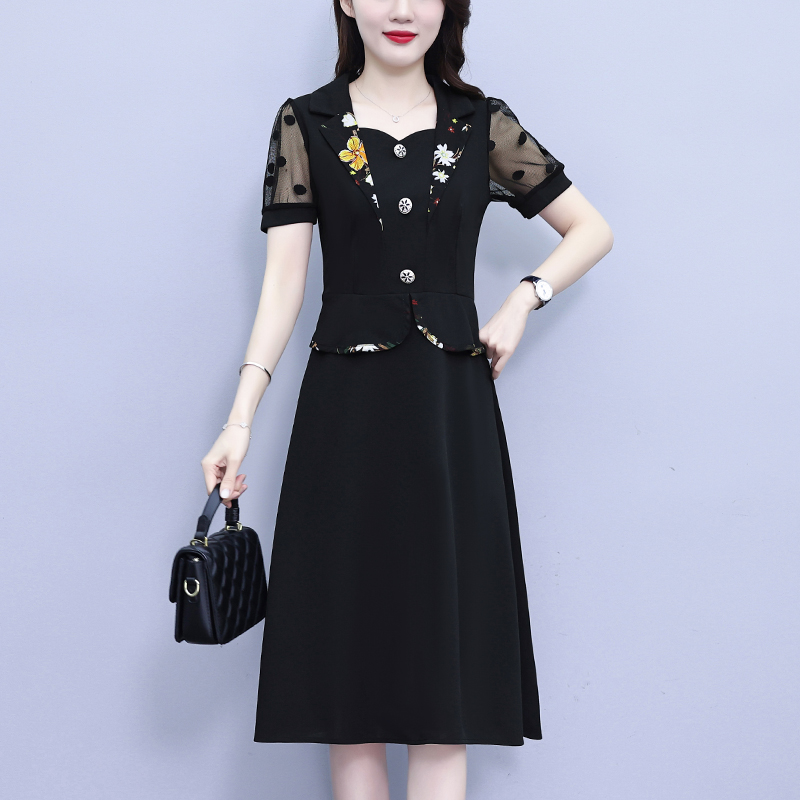 MY2677# 大码女装夏季胖mm西装领波点网纱印花拼接洋气显瘦气质连衣裙女裝貨源服裝批發