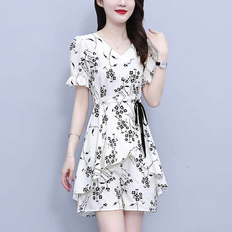 MY2676# 大码女装夏季V领时尚印花显瘦系带洋气上衣＋短裤两件套套装女...
