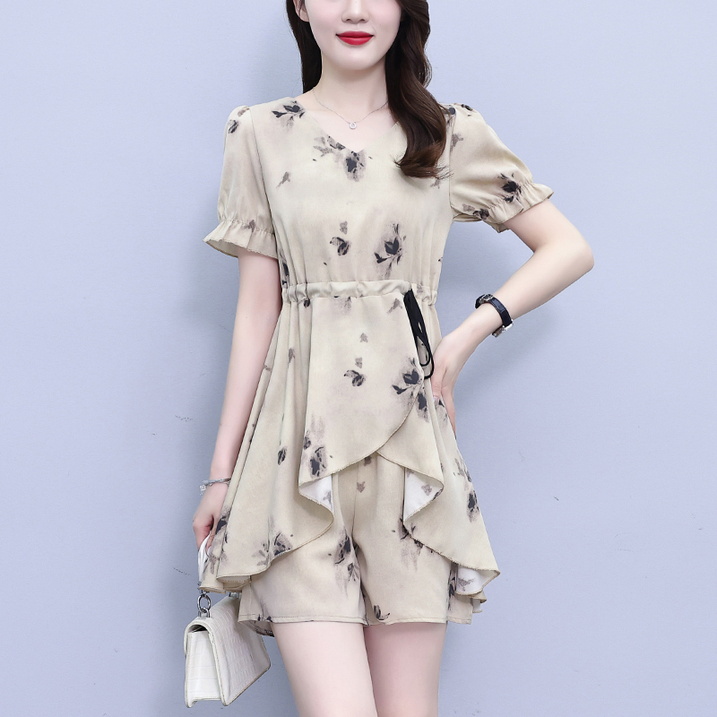 MY2675# 大码女装夏季V领时尚印花修身显瘦洋气上衣＋短裤两件套套装女...