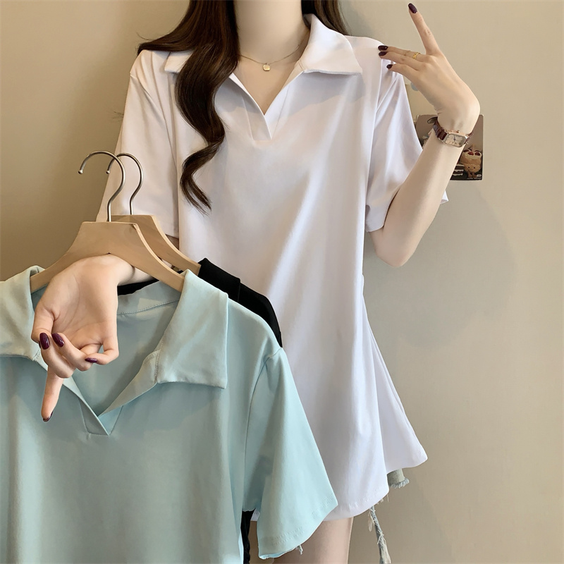 MY2668# Polo领正肩短袖T恤女胖mm百搭宽松显瘦遮肚上衣女裝貨源服裝批發