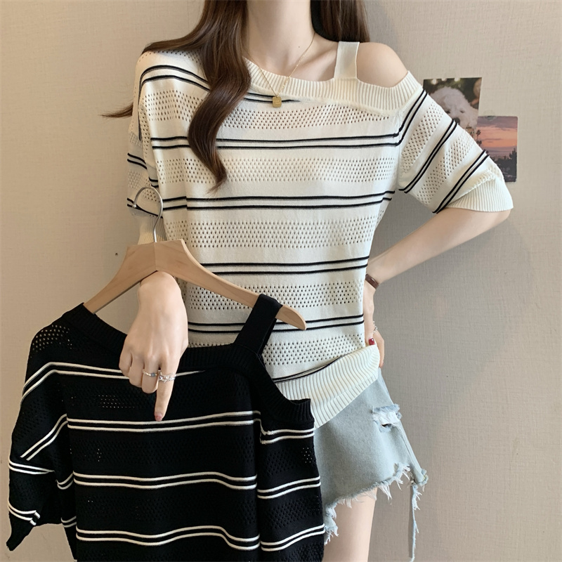 MY2667# 设计感撞色条纹露肩冰丝针织衫女气质显瘦上衣女裝貨源服裝批發