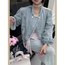 批发2025春新款韩版时尚百搭宽松显瘦圆领拼接蕾丝边牛仔外套女