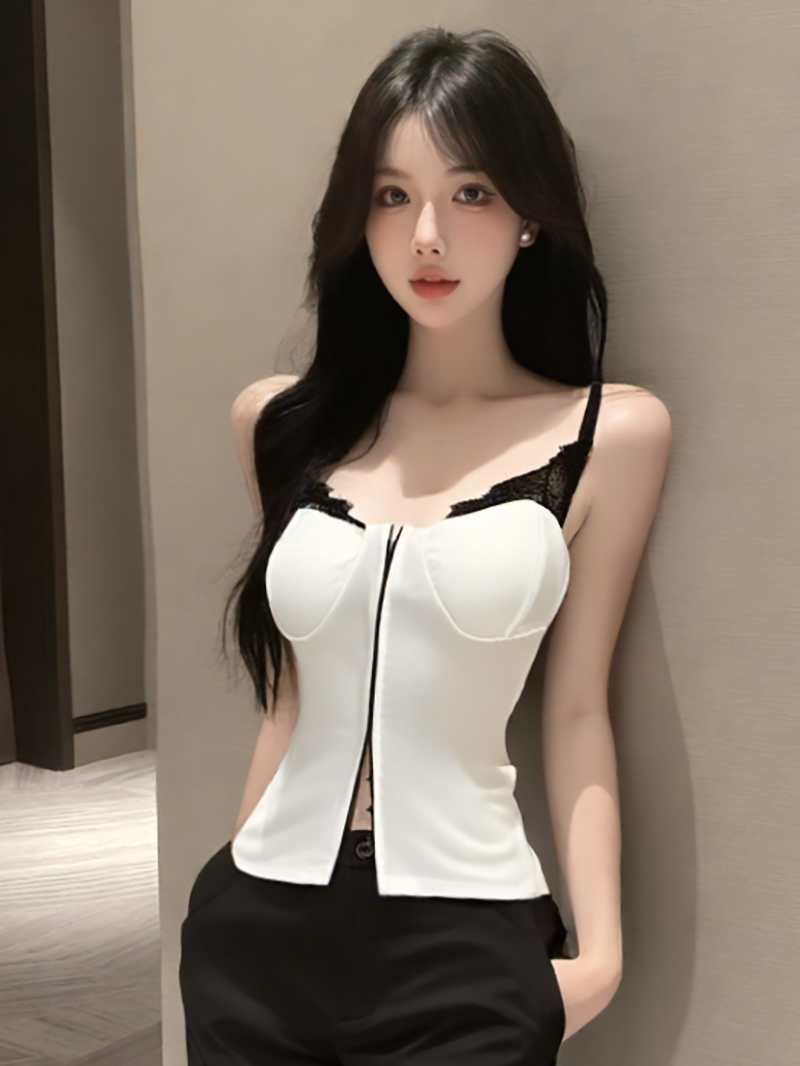 FA30947# 纯欲辣妹性感蕾丝拼接修身白色吊带背心显瘦短款内搭上衣 服裝批發女裝批發服飾貨源
