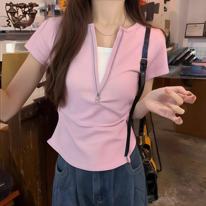 MY11534# 假两件短袖t恤拉链撞色修身短款独特绝美小上衣女裝貨源服裝批發