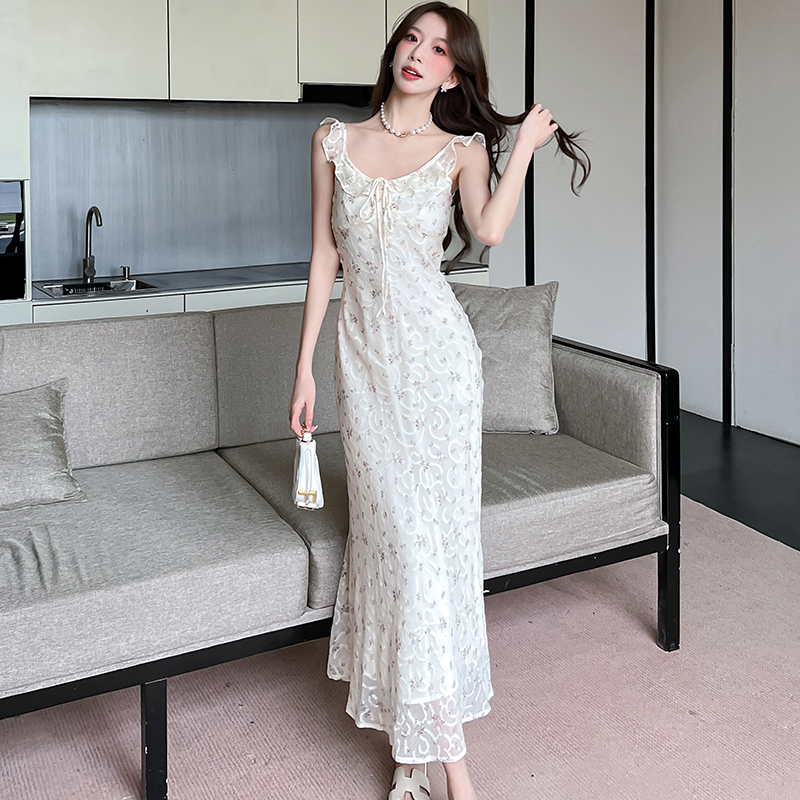 MY5964# 吊带连衣裙女夏新款收腰花边法式杏色碎花裙子女裝貨源服裝批發