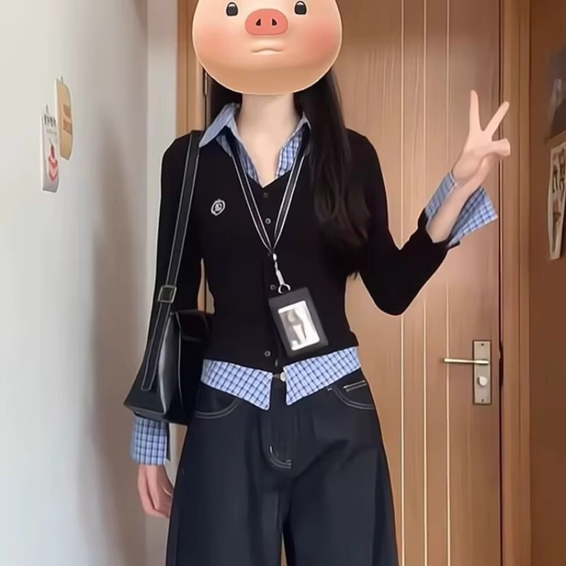 원본 솜씨 순수한 욕망 바람 핫걸 POLO 칼라 페이크 레이어드 긴팔 티셔츠 여성 한 부서 착용 가져 가라. 몸매 가꾸기 맨위