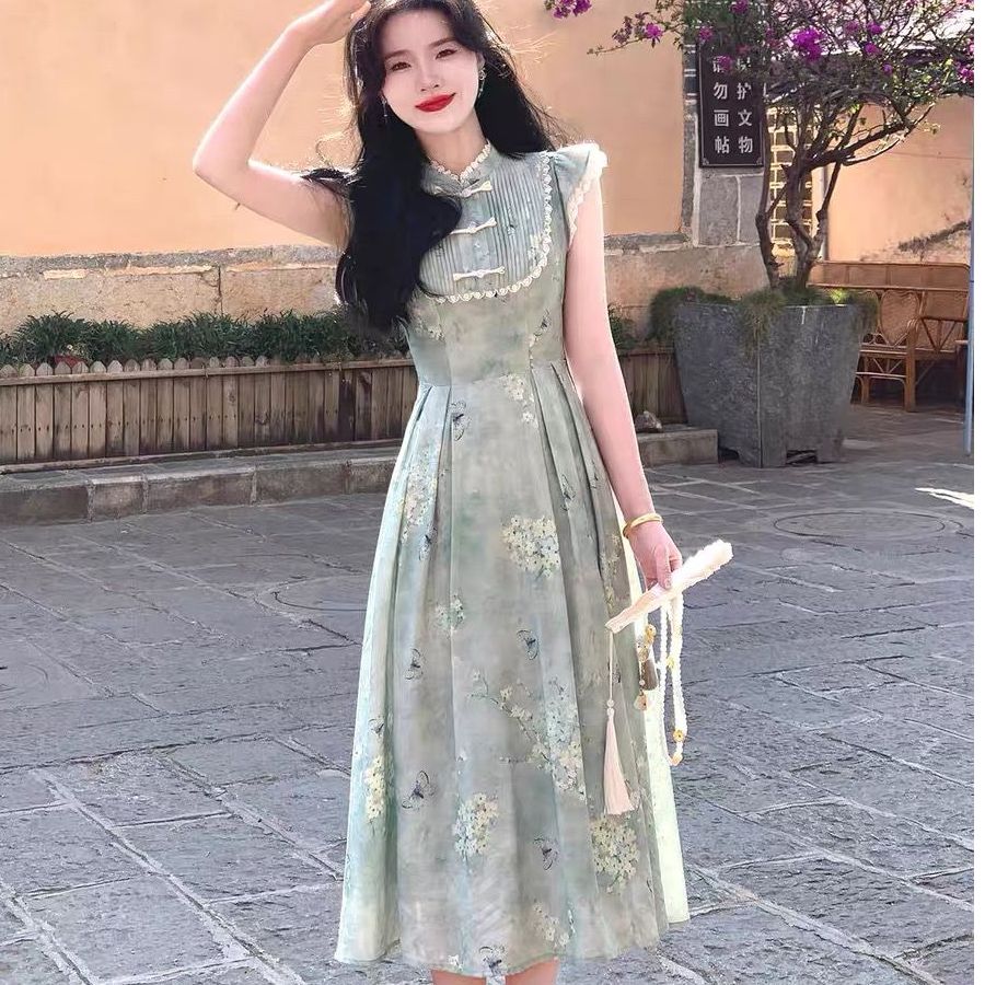 新中式女装中国风连衣裙女夏新款盘扣旗袍小飞袖高级感收腰长裙子 服裝批發女裝批發服飾貨源