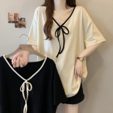 批发实拍~大码新款慵懒风系带宽松百搭遮肉显瘦短袖T恤上衣