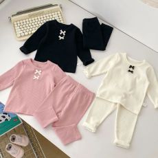 批发甜美<b class='q'>婴儿</b>家居服套装秋冬季蝴蝶结洋气娃娃衫女宝宝秋衣秋裤两件套