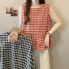 批发实拍2026夏季大码法式格子背心女外穿无袖度假风蓬蓬上衣娃娃衫