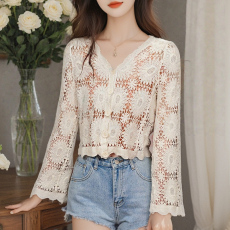 批发已出货2026春夏新款<b class='q'>韩版</b>长袖薄款纯色v领针织长袖镂空防晒衣<b class='q'>开衫</b>