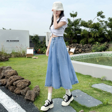 批发垂感大摆裙牛仔裙女季半身裙浅蓝色简约时尚A字鱼尾中长款学院风