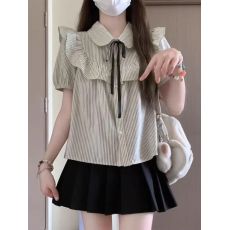 批发<b class='q'>韩版</b>学院风洋气甜美百搭短袖娃娃领荷叶边蝴蝶结条纹衬衫上衣女夏