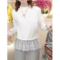 批发2026春装新款设计感洋气蕾丝拼接长袖T恤女大码叠穿内搭打底衫