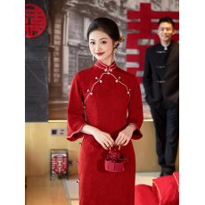 批发囍缘中式红色旗袍敬酒服新娘古法气质结婚订婚礼服裙长袖春<b class='q'>秋</b>款女
