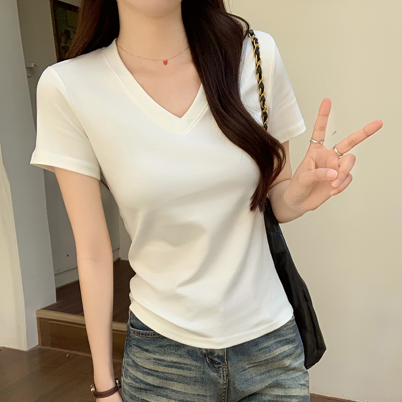 MY3241# 水柔双面短袖t恤夏设计感短款修身V领上衣韩版女装女裝貨源服...