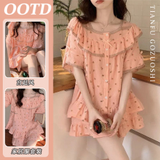 批发优质仿棉纱睡<b class='q'>衣</b>女新款甜美公主风蕾丝花边碎花短袖短<b class='q'>裤</b>家居服