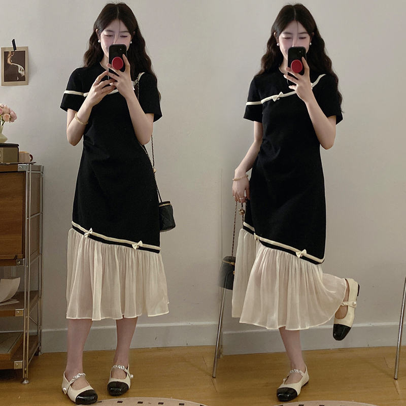MY3032# 大码女装新款胖妹妹气质简约拼接花边撞色显瘦连衣裙女裝貨源服裝批發