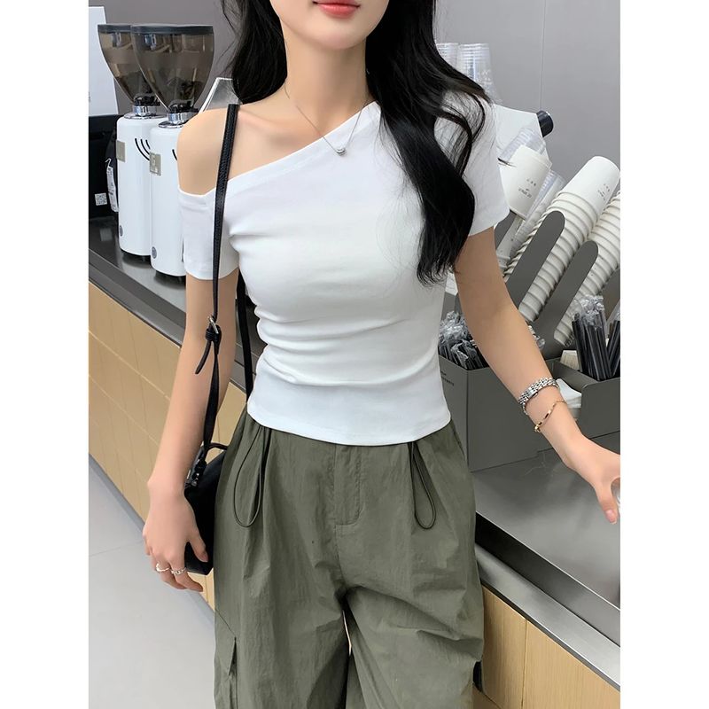 MY2892#纯棉螺纹 斜肩T恤女短袖夏一字领辣妹正肩上衣女裝貨源服裝批發