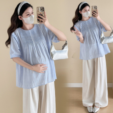 批发实拍新款孕妇<b class='q'>夏</b>宽松显瘦褶皱时尚百搭气质潮妈上衣