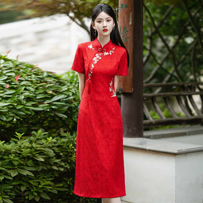 MY14354#改良旗袍新国风红色年轻款绣花送考高考学子连衣裙