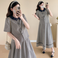 批发实拍新款孕妇法式复古千鸟格宽松气质潮妈两件套连衣裙