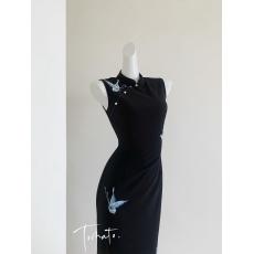 批发蝶语新中式改良旗袍日常气质修身蝴蝶<b class='q'>刺绣</b>国风无袖黑色<b class='q'>连衣裙</b>