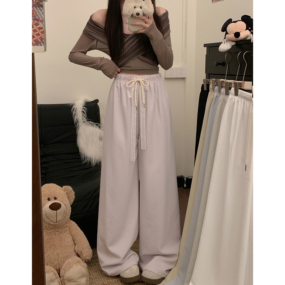 실사 2026 새로운 개성 펌프 로프 와이드 레그 팬츠 레이스업 허리밴드 캐주얼 루즈핏 바지 여성