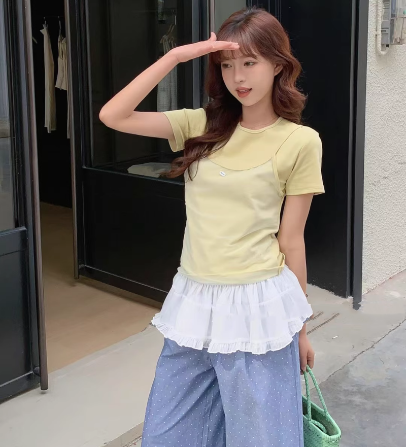 MY2928#夏季新款多巴胺T恤短袖女装韩系正肩显瘦圆领假两件吊带上衣女裝貨源服裝批發
