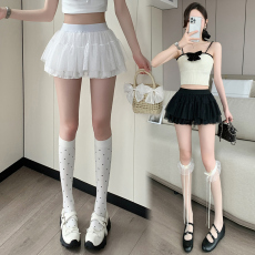 批发芭蕾风波点网纱拼接蓬蓬蛋糕裙女秋季小个子高腰显瘦百褶A字短裙