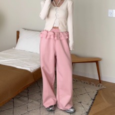 批发ins<b class='q'>韩国</b>小众设计感花边高腰显瘦卫裤束脚两穿阔腿裤休闲裤