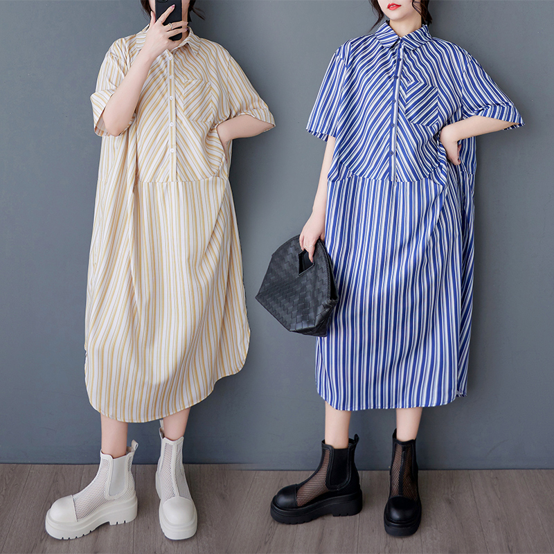 MY2934#夏季新款宽松文艺条纹印花拼接休闲藏肉连衣裙女裝貨源服裝批發