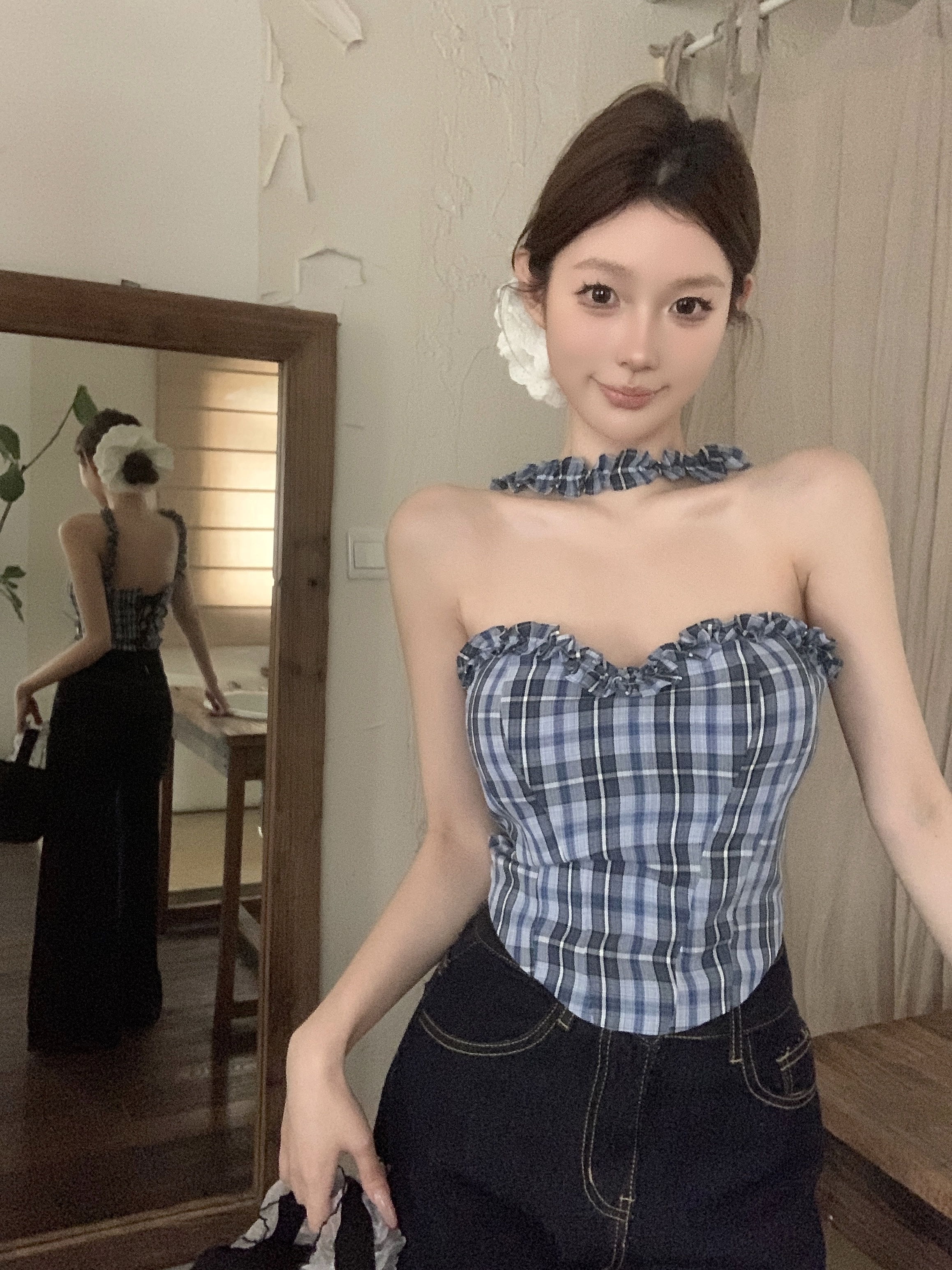 실사 핫걸 행침 목 조끼 섹시함 인사이드 가져 가라. 디자인 센스 체크무늬 맨위