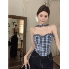 批发<b class='q'>实拍</b> 辣妹挂脖背心性感内搭设计感格纹上衣