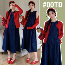 批发实拍现~ 孕妇装韩系复古学院风<b class='q'>牛仔</b><b class='q'>背心</b>裙 针织开衫两件套套装