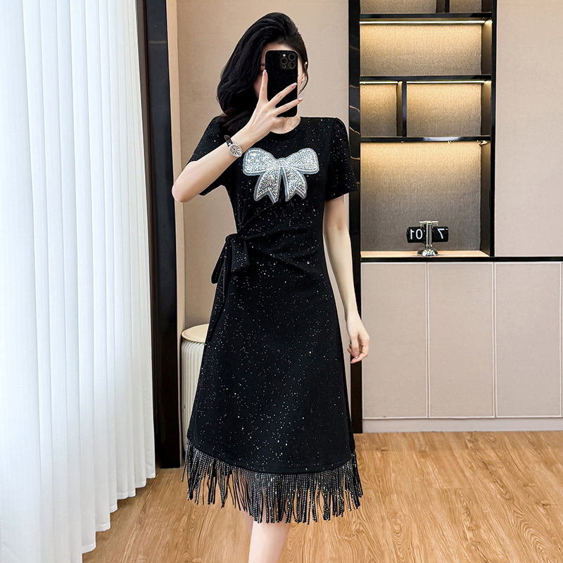 MY3548# 大码轻奢系带收腰遮肚流苏连衣裙胖mm夏季星空时尚减龄显瘦中长裙女裝貨源服裝批發