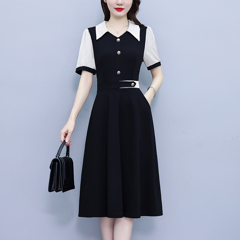 RY882# 2026夏季新款大码女装条纹西服领拼色时尚气质遮肉显瘦连衣裙...