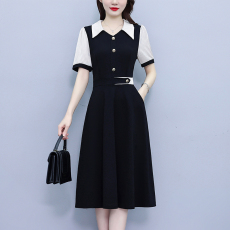 批发2026夏季新款大码女装条纹<b class='q'>西服</b>领拼色时尚气质遮肉显瘦连衣裙中裙