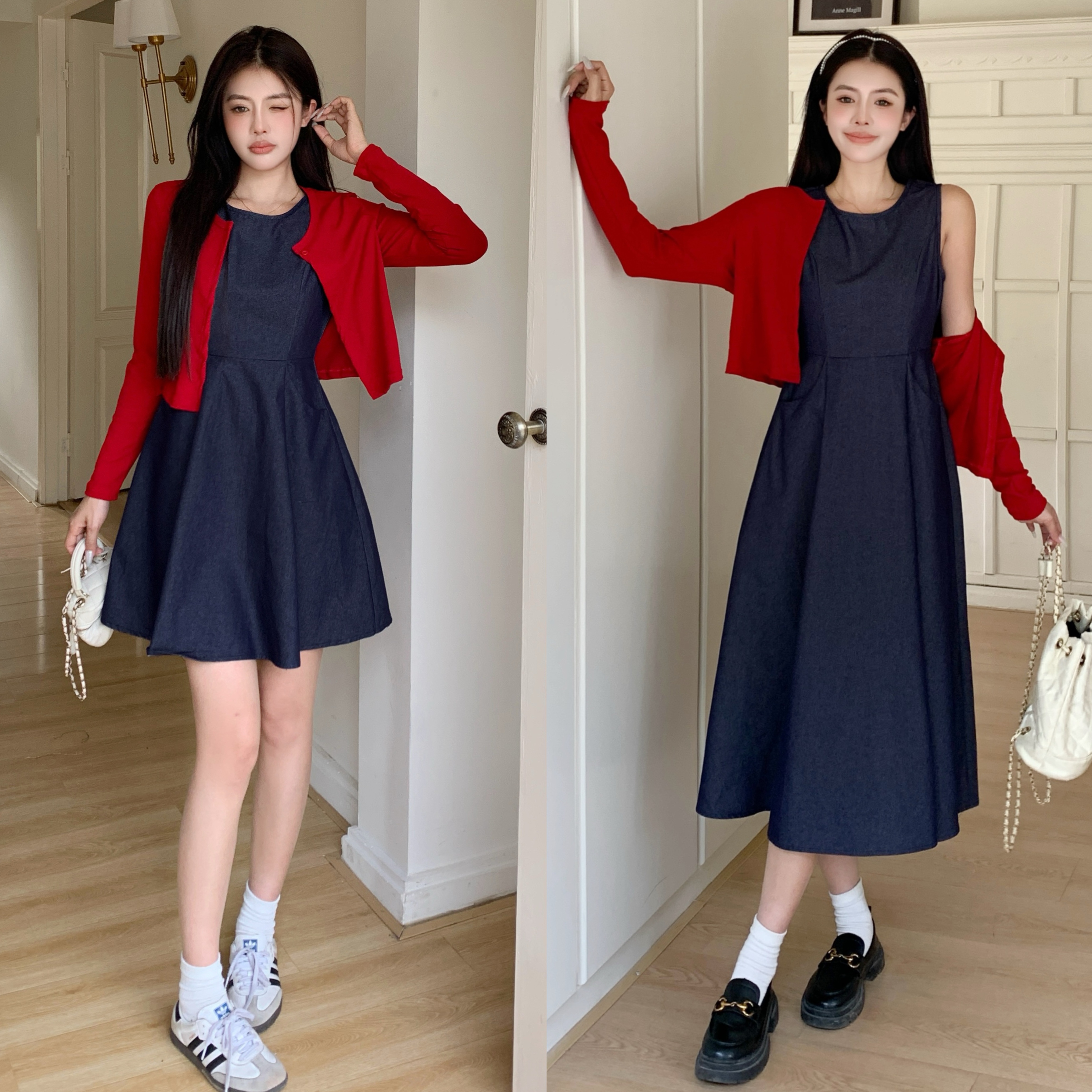 실사 빅 사이즈 여성 의류 지방 mm 새로운 슬림해 보이는 데님 세트 조끼 허리 수축 드레스 긴팔 숄