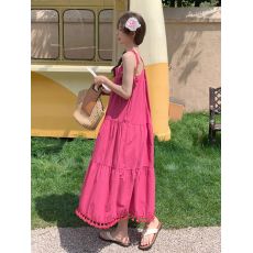 批发优质质量  夏季女装度假风火龙果色流苏绑带<b class='q'>连衣裙</b>气质大摆长裙子