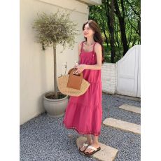 批发优质质量  夏季女装度假风火龙果色<b class='q'>流苏</b>绑带<b class='q'>连衣裙</b>气质大摆长裙子