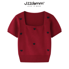 批发九州诚品/JZZDEMM爱心装饰方领收腰针织短袖女<b class='q'>修身</b>短款小个子上衣