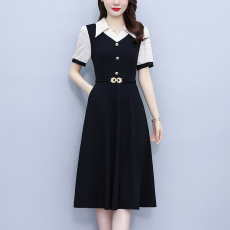 批发2026夏季女装条纹西服领拼色时尚气质遮肉显瘦中年<b class='q'>妈妈</b>连衣裙中裙