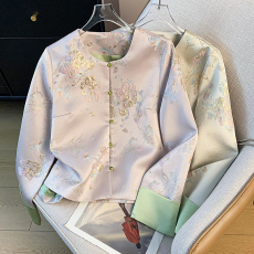 批发实拍新中式汉服气质改良盘扣提花长袖百搭织金重工刺绣女秋款外套