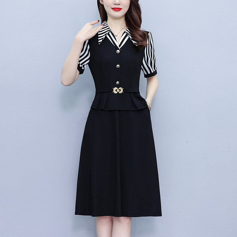 RY881# 2026夏季女装条纹西服领拼色时尚气质遮肉显瘦中年妈妈连衣裙...