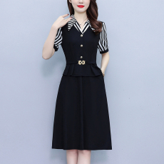 批发2026夏季女装条纹西服领拼色时尚气质遮肉显瘦中年<b class='q'>妈妈</b>连衣裙中裙