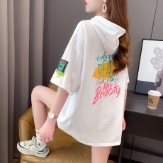 批发实价65/35拉架连帽短袖t恤<b class='q'>女</b>中长款宽松<b class='q'>大码</b>半袖上衣