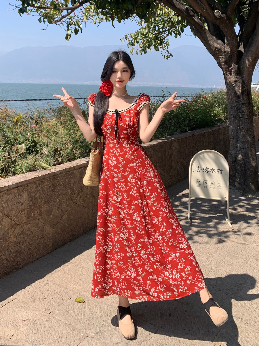 MY5013# 大码女装花间絮语法式复古红色碎花连衣裙女茶歇长裙夏女裝貨源服裝批發