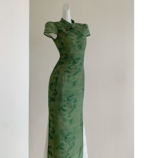 批发丹青中式改良旗袍<b class='q'>复古</b>气质国风连衣裙绿色显白修身显瘦